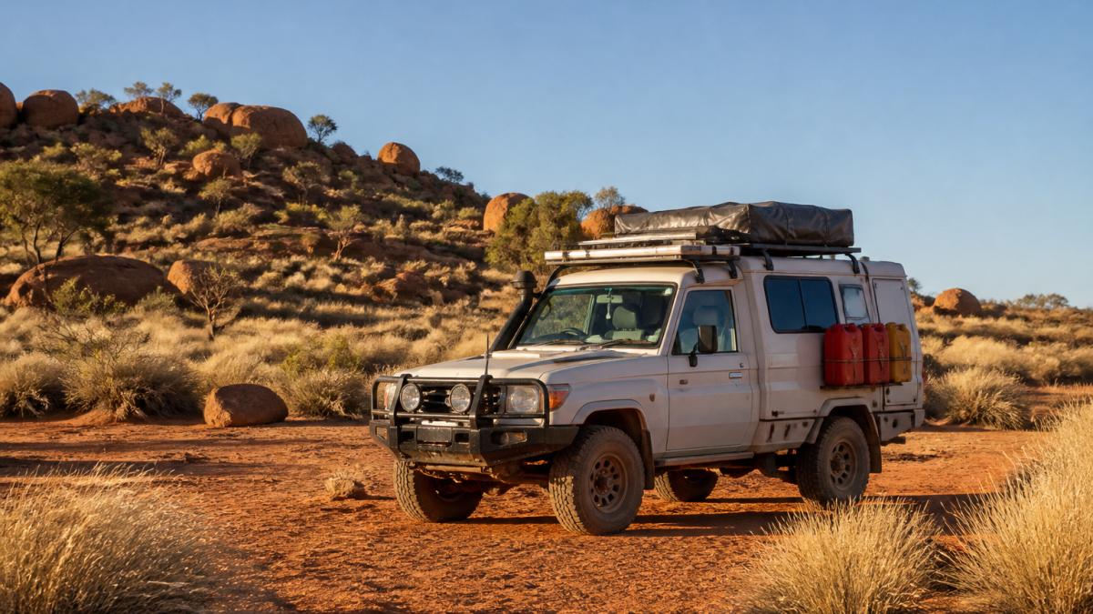 A 4WD campervan parked on red earth with spinifex grass and rocky outcrops visible in the background, showing roof rack, bull bar, and jerry cans mounted on the exterior