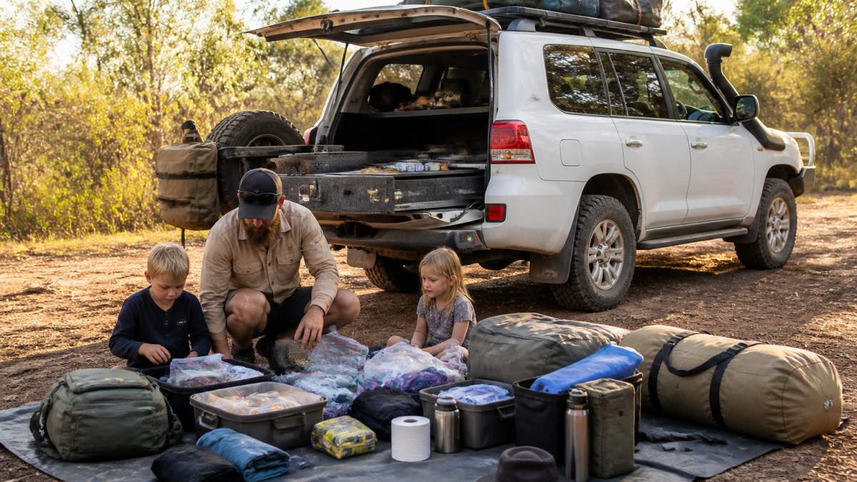 A family organizing gear by their 4WD for camping with kids in remote in Australia.